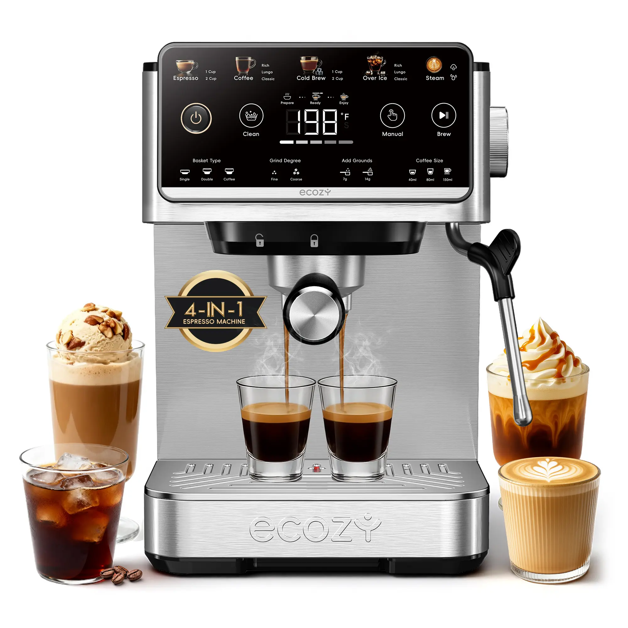 ecozy 4-in-1 Espresso Machine Countertop, 20 Bar Pump Espresso Maker with LED Touch Screen, Milk Frother, 50oz Removable Tank, Stainless Steel, Drip Coffee, Cold Brew, Over lce, Coffee Machine for Home Coffee Bar, Office, Latte, Cappuccino, Macchiato home