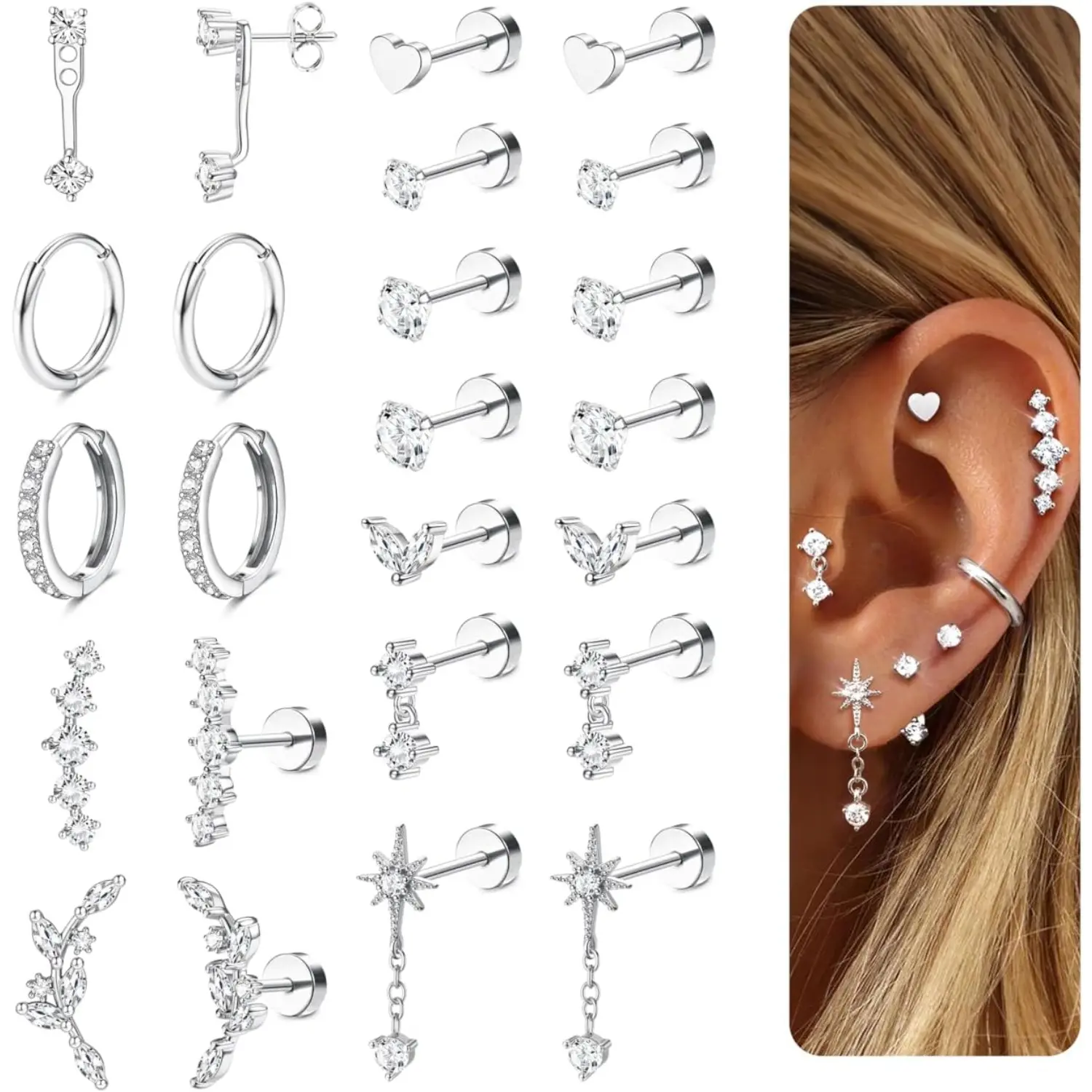 Surgical Steel Earring Stacks Set for Women, 11 Pairs Hypoallergenic Flat Back Studs & Hoops, Tarnish Proof Jewelry for Conch & Helix Piercings, Everyday Wear, Conch Piercing Ear, Non Tarnish Jewelry, Women's Fashion, Hoop Studs, Stainless Steel Jewelry