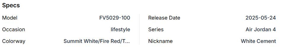 Air Jordan 4 Retro 'White Cement' 2025 FV5029-100