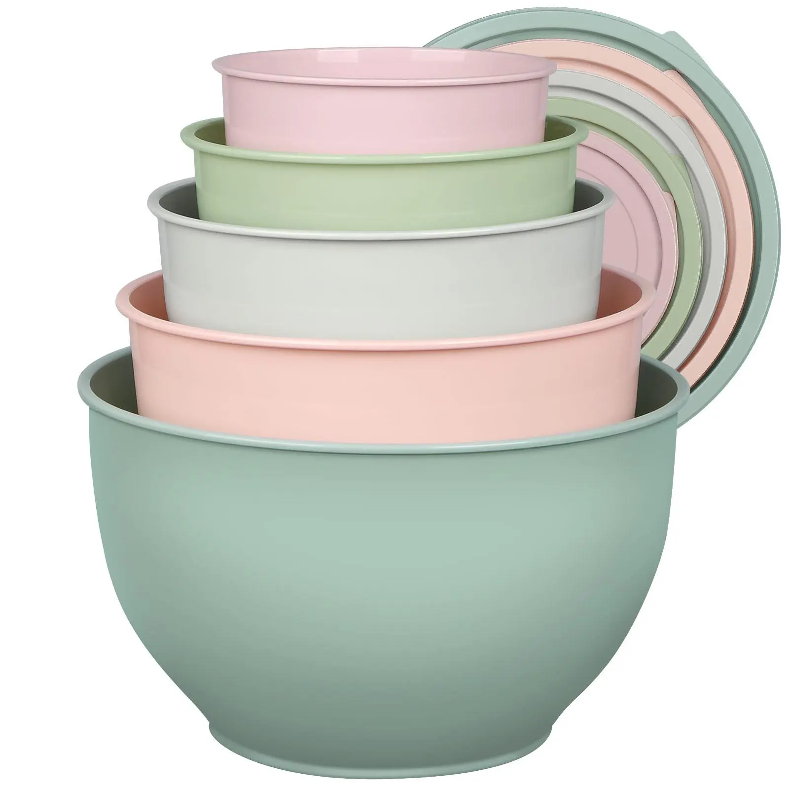 Greentainer 5-Piece Plastic Mixing Bowls Set with Lids - Aesthetic Morandi Colors, Lightweight Unbreakable Nesting Bowls, Serving & Kitchen Food Prep