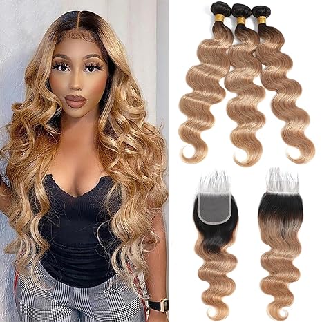 12A Ombre Body Wave Bundles Human Hair with Closure glossy hair bundles 100% Unprocessed Brazilian Human Hair Raw human hair bundles Ombre Highlight Body Wave Human Hair Weave 3 Bundles with Closure