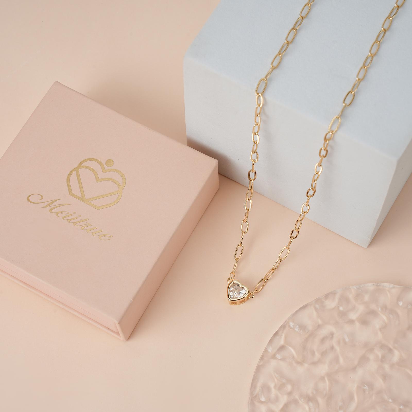 MEIITRUE 14K Gold Plated Heart Necklace for Women, Dainty Zirconia Paperclip Chain Necklace, Pefect Birthday Jewelry Gift for Girls