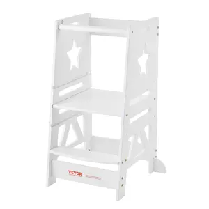 VEVOR Tower Step Stool,  , 3-Level Height Adjustable Toddler Step Stools for Kids, Kitchen Stool Bamboo Standing Tower Learning Stool with Safety Rail for Kitchen Counter Bathroom, 350LBS, White