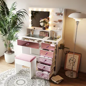 Vanity Desk with Glass Top and 11 Bulbs, 3-Color Lighting Modes, Makeup Table with Pink Finish 6 Drawers & Shelves, Charging Station, White Vanity with Stool for Bedroom
