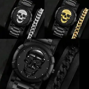 Men’s Quartz Skull Design Stainless Steel Band Wrist Watch (8.7") + Bracelet (9.5")
