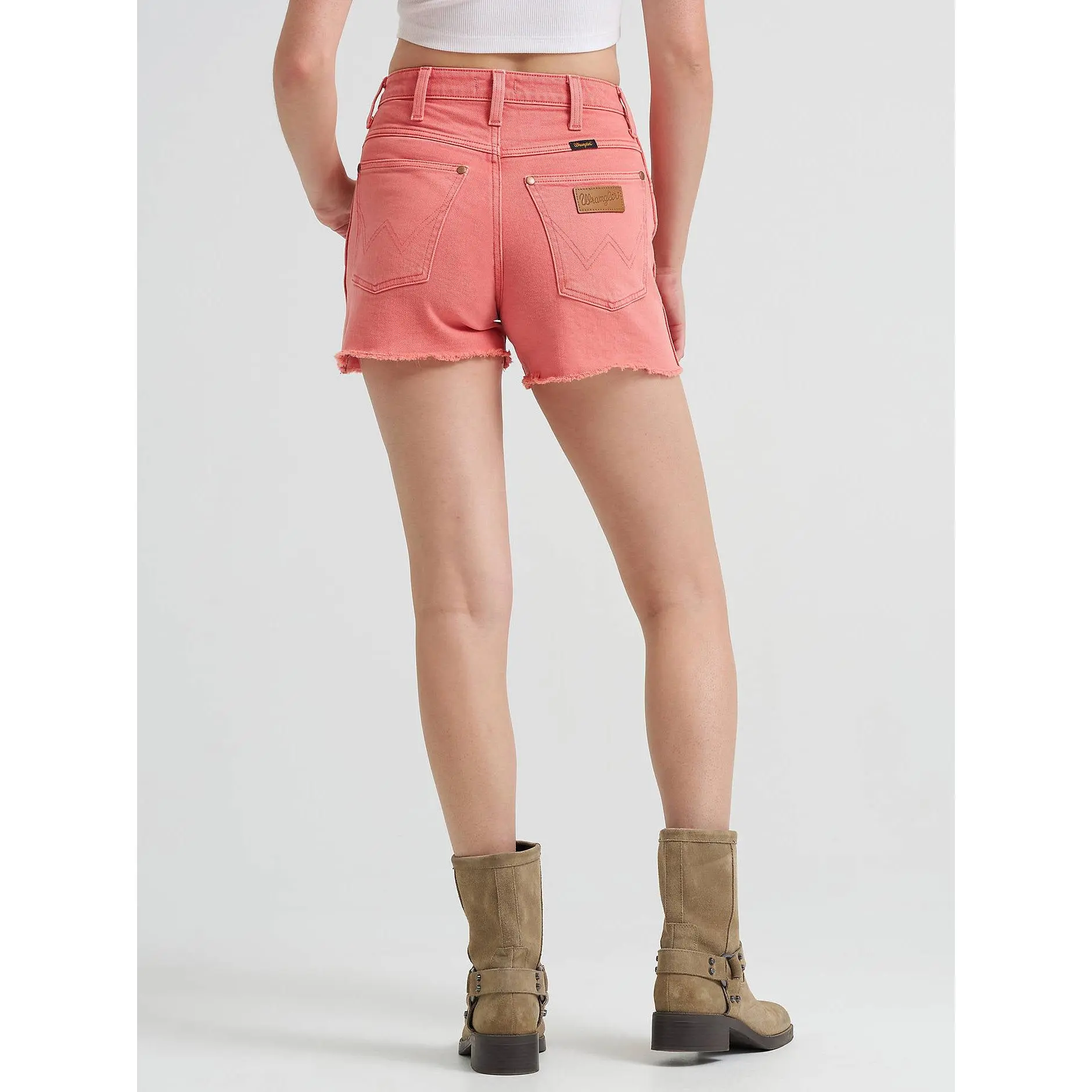 Wrangler Cowboy Coral Shorts, Fit, Leg, Button, Bottom, Women's Clothes, High Rise, Regular Fit, Elastane, Raw Hem, Cotton, Zip Fly, Above Knee Shorts, Button Front, Casual, Lady, Brightly Colored High-Waisted Shorts