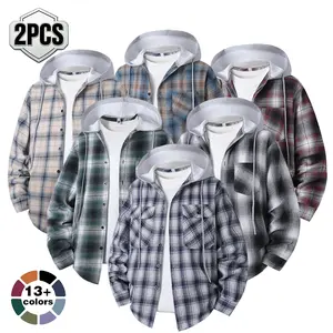 Men's 2-piece set of spring and autumn hooded checkered shirts, vintage checkered shirt, loose fit, suitable for campus, commuting, outdoor, street, casual, and versatile top