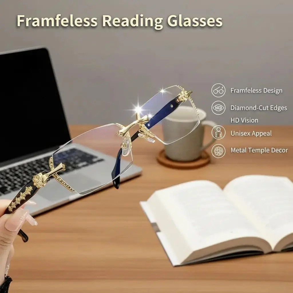 Anti Blue Light Rimless Reading Glasses non-prescription glasses Fashion Women Men Diamond Cut Edge Presbyopic Eyeglasses  Anti-fatigue Eyewear Anti UV Ray Computer Gaming Glasses Blue Blockers for Women/Men