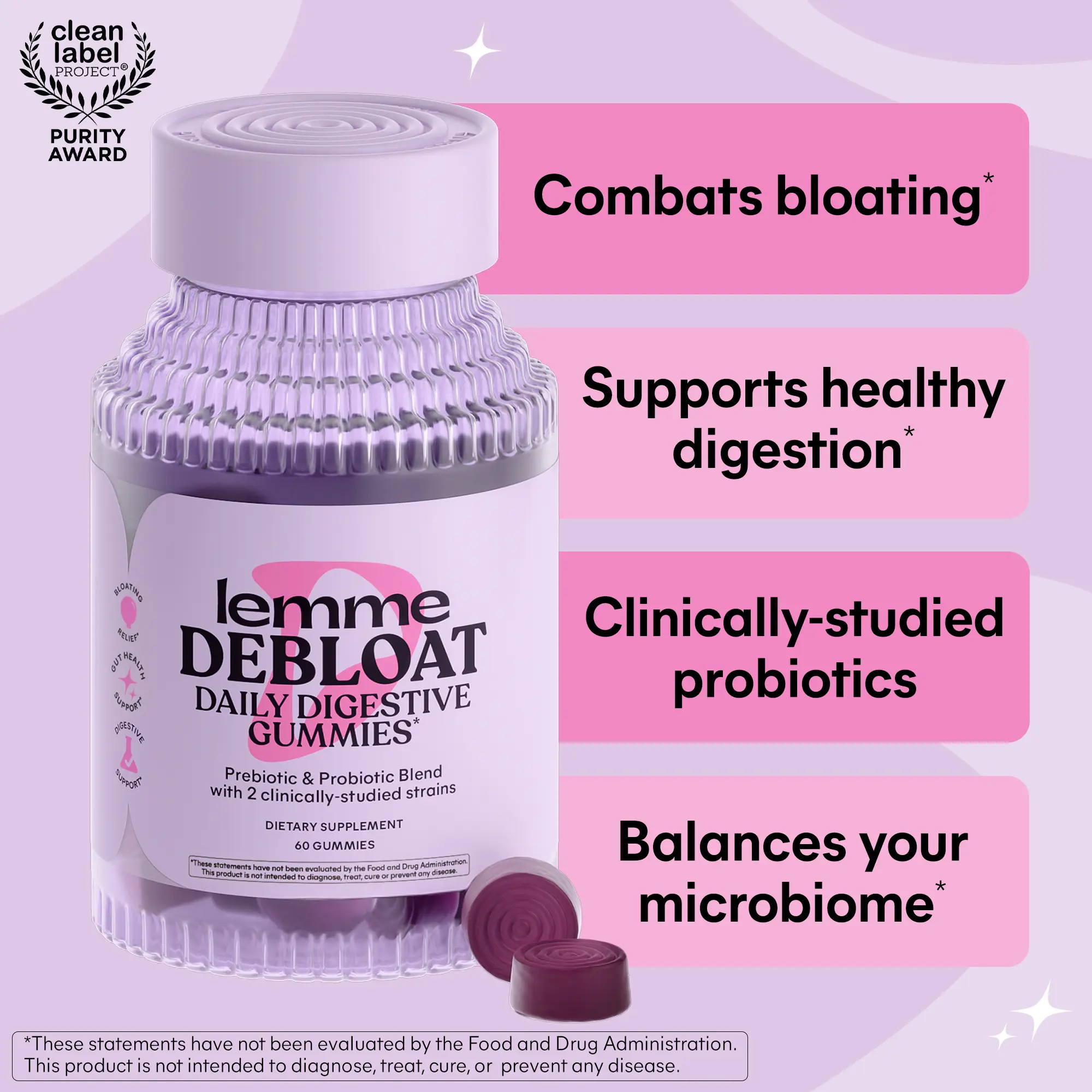 Lemme Debloat - Digestive & Gut Health Gummies with 2 Clinically Studied Probiotics & Prebiotic, Vegetarian, Gluten Free, Non GMO, BlackBerry Flavor (60 Count)