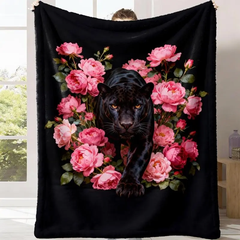 Gothic Black Panther & Pink Peonies Plush Sherpa Throw Blanket - Flannel-Look, Ultra Soft, Dark Romantic Floral Design for Bedroom Decor, Blanket Throw, Throw Blankets