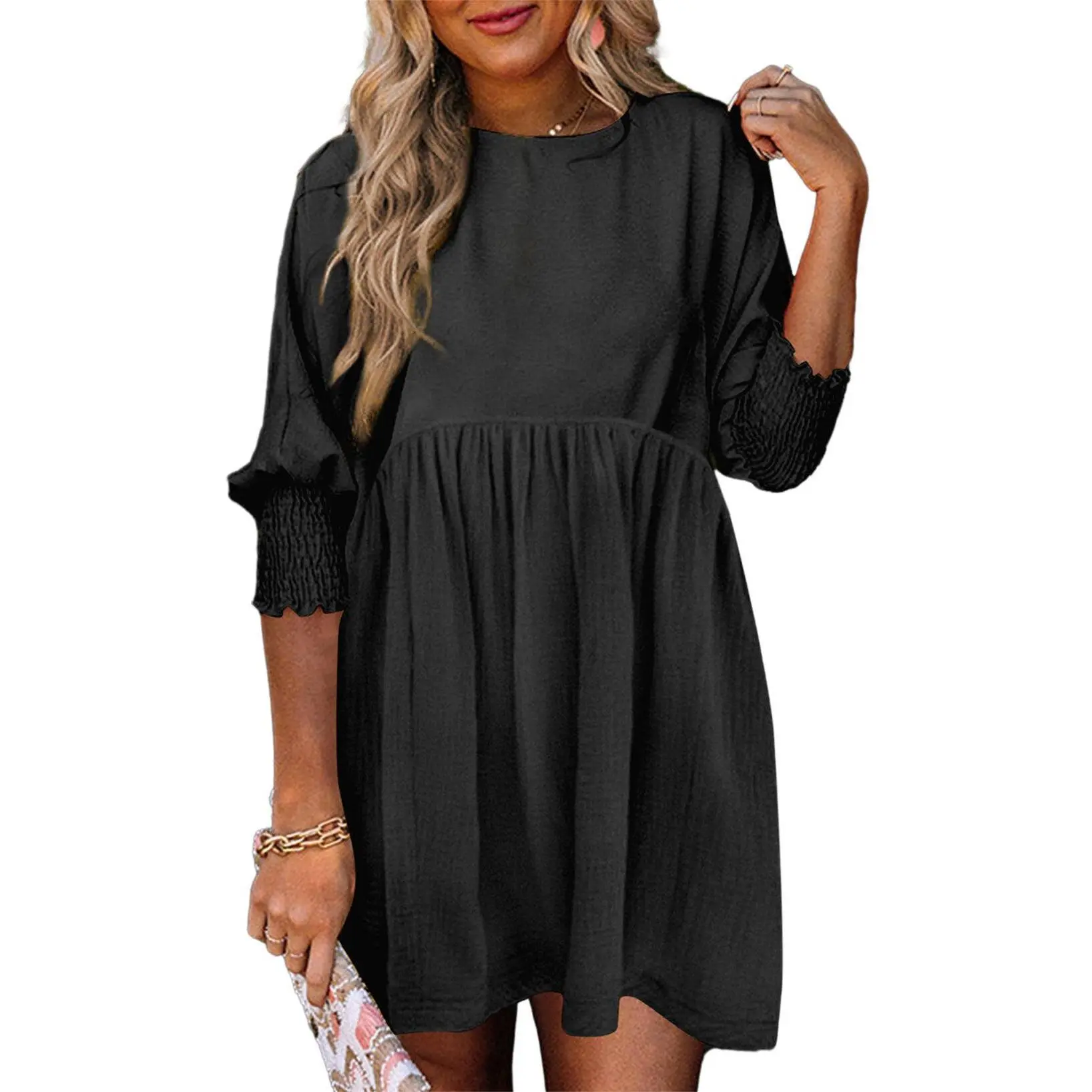 Dokotoo Women's Black Summer Tunic Dress Casual Loose Fit Short Sleeve Crew Neck Flowy Swing Mini Shift Sundress for Beach & Casual Dates