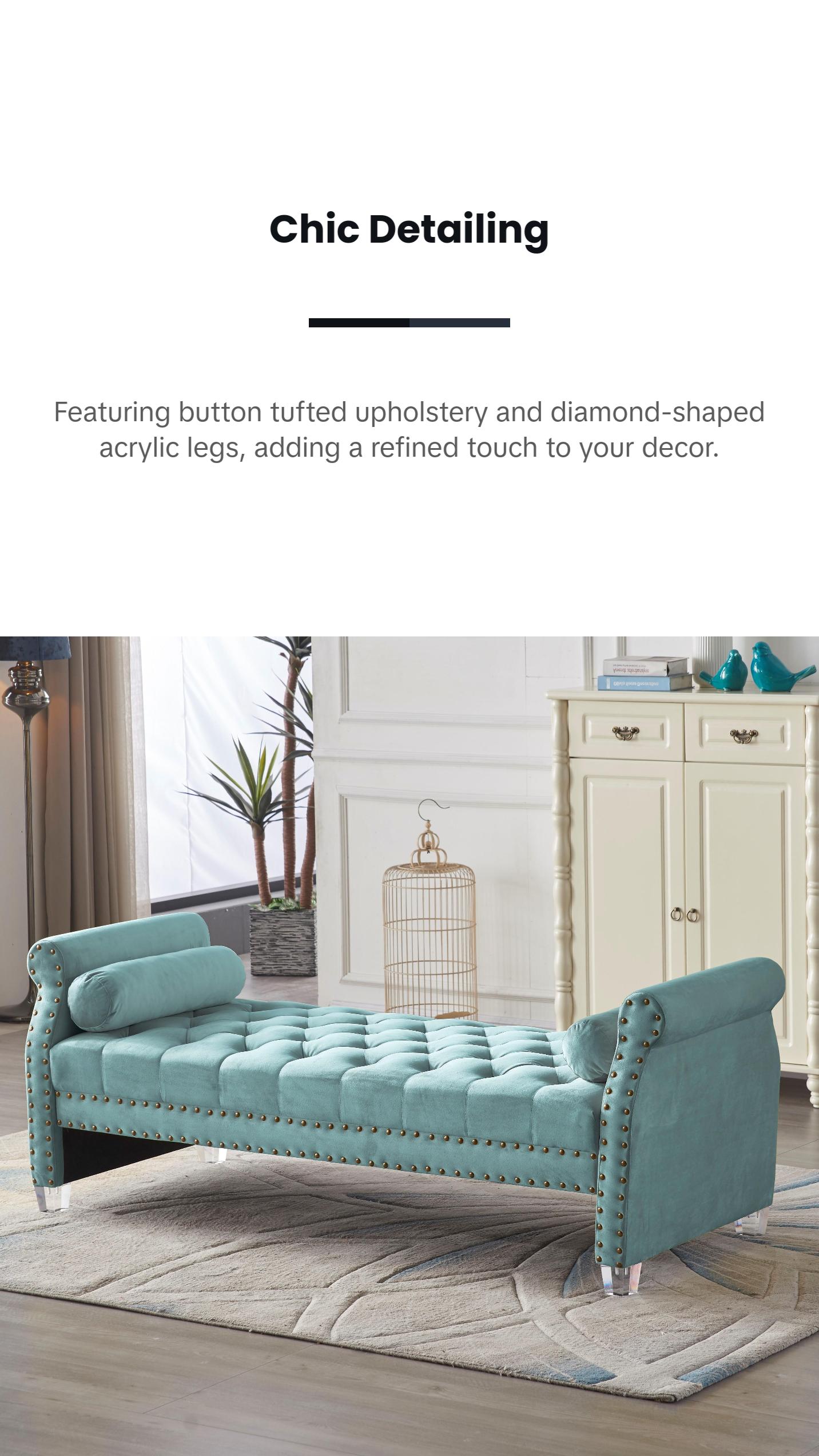 Premium 70in Velvet Tufted Upholstered Bed Bench, Rolled Arm Deep Seat Chaise Lounge with Nail Head Trim, End of Bed Long Ottoman Couch for Window and Bedroom