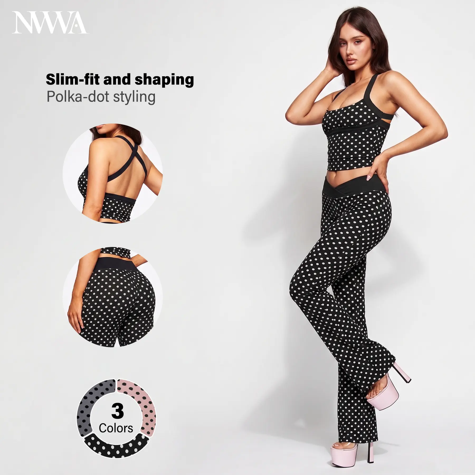 NVWA Matching Sets Women Polka Dot Halter Crop Top and Flare Pants 2 Piece Outfits Backless Criss Cross Bodycon Slim Fit Going Out Set High Waist Bell Bottom Trousers Y2K Party Club Wear Casual Outfit tiktokshopbacktoschool