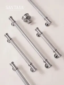 Santaya Solid Brass Luxury Furniture Handle Ribbed Romance Style Chrome Silver T-Bar Kitchen Cabinet Pull Wardrobe Copper Knob