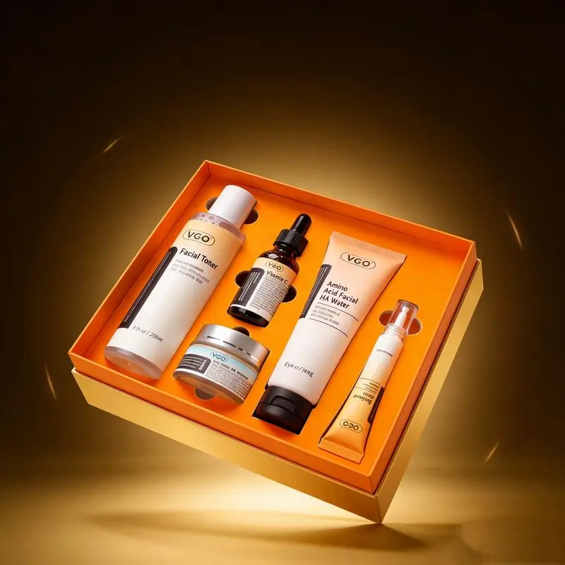 VGO Daily Skincare Routine, 4-Piece Hydration Set with Vitamin C Facial Serum, Lightweight Moisture Cream, and Cleanser for All Skin Types, Daily Use, Set Box, Dry, Smooth Skin Routine, 100G, Snail Extract, Moisturizing, Facial Cleanser
