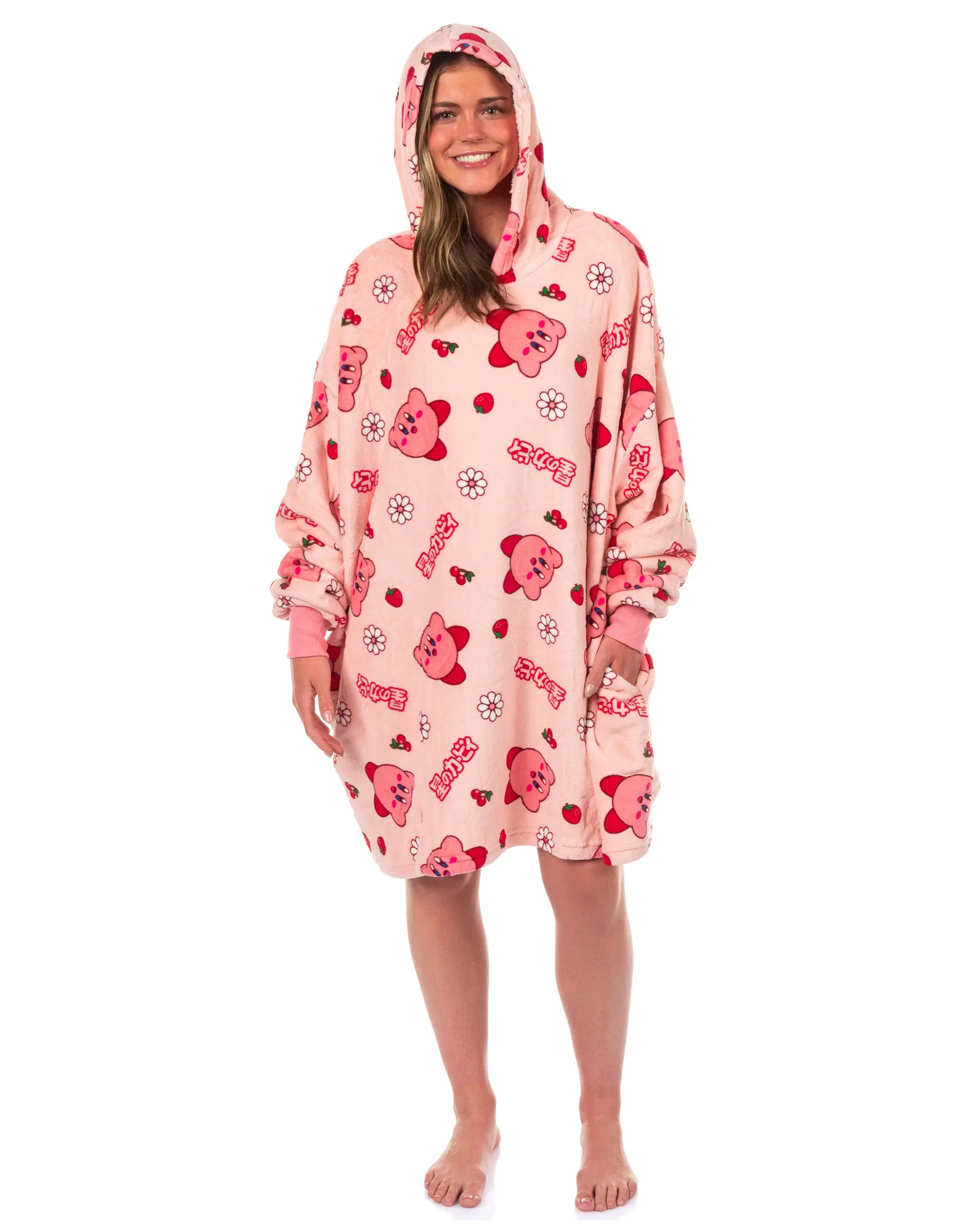 Kirby Flower and Cherry Motif Adult Plush Fleece Wearable Blanket Hoodie OSFA