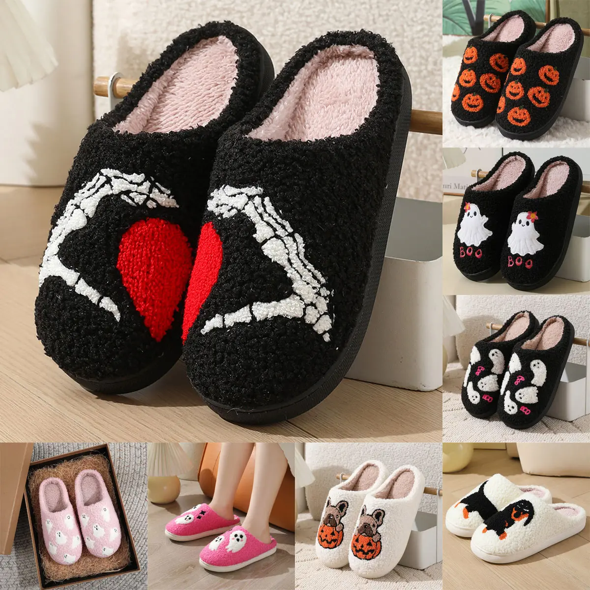 Women’s Halloween Plush Slip-On Slippers, Ghost & Pumpkin Design, Cozy Non-Slip Indoor Bedroom Home Footwear