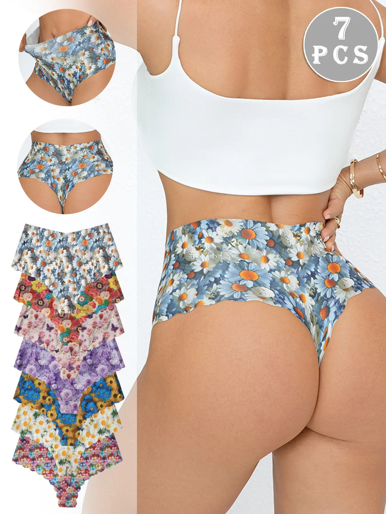 Women's High-Waisted Printed Underwear Set, 7-Pack Seamless High Elasticity Wave-Edge Design, Casual Scallop Trim Panties for All-Season Floral Print Panty