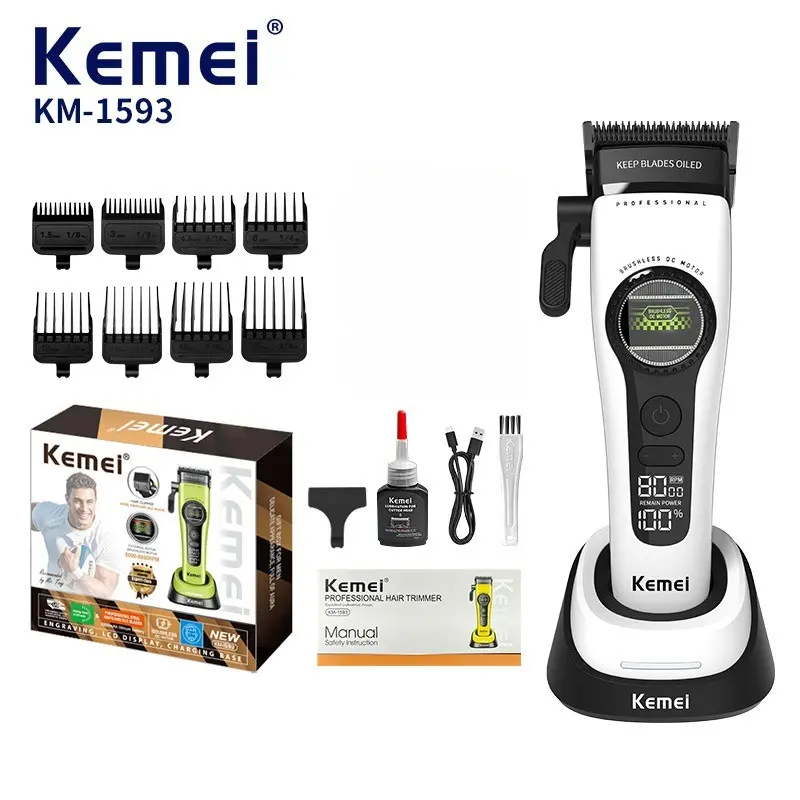 KM-1593 Professional Men Barber Clippers | 4 Speed Adjustable 6000-8000RPM Hollow Out Design | USB Dock Charging Rechargeable Cordless Hair Cutting Portable Hair Trimmer for Barbershop & Home Use