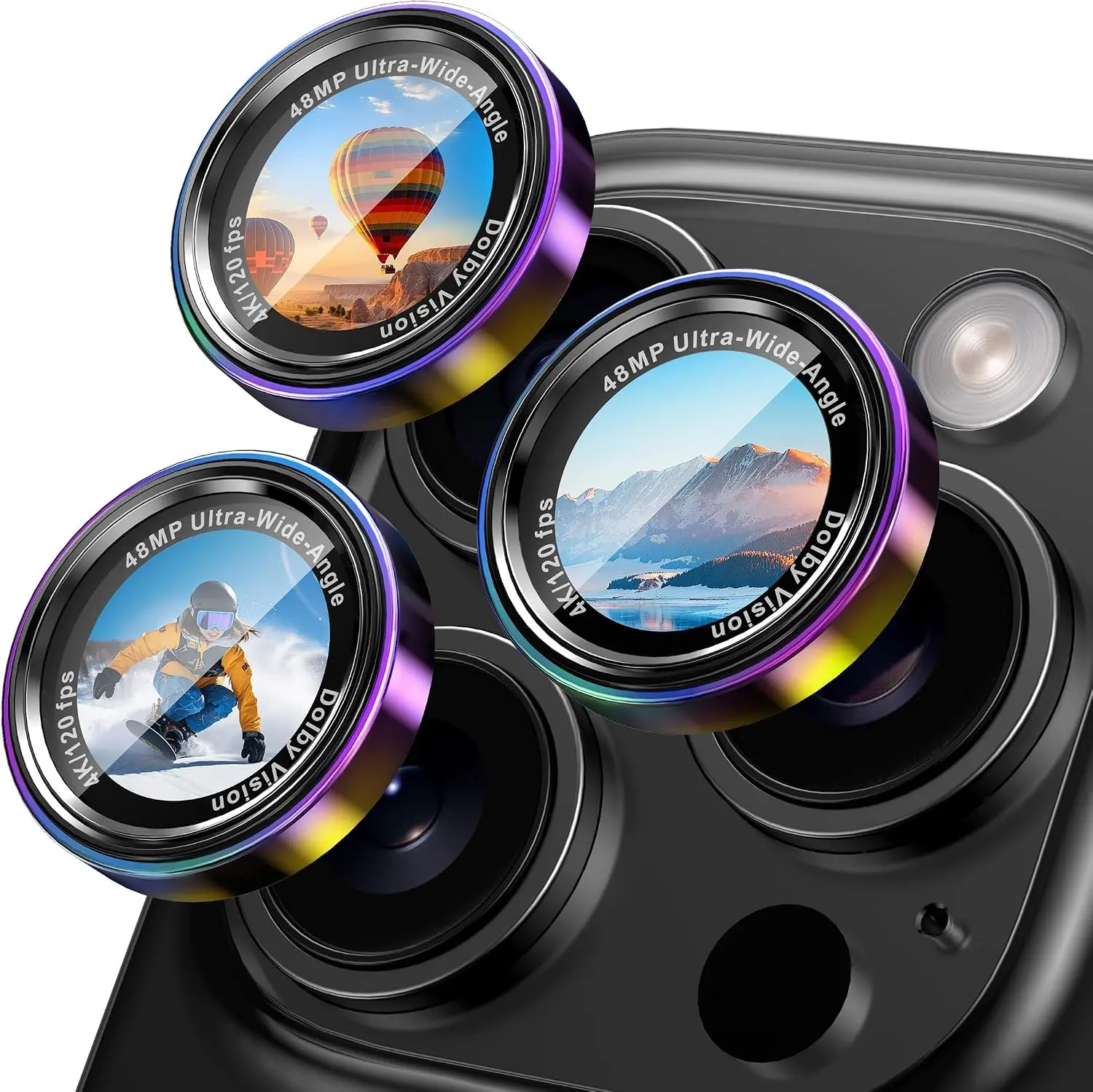 CACOE Smartphone Camera Lens Protector for iPhone 17ProMax/17Pro/16ProMax/16Pro/15ProMax/15Pro/14ProMax/14Pro - Anti-Scratch, Drop-Proof, Strong-Adhesion Colorful Cover with Flash Compatibility, Handheld Use Fit, Bonus Cleaning Cloth, Protection