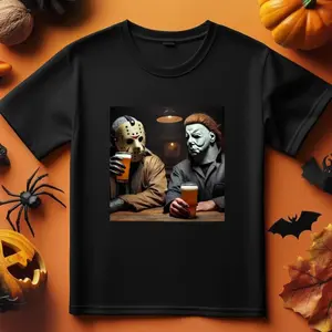 Vintage Jason and Michael Halloween Drink Beer T-Shirt, Michael Myers Halloween T-Shirt, Halloween Movie T-Shirt-- Give him/her a Halloween gift Casual Men's Black Halloween T-Shirt Tshirt Menswear Top Streetwear Tropical Round Neck Crewneck Shortsleeve