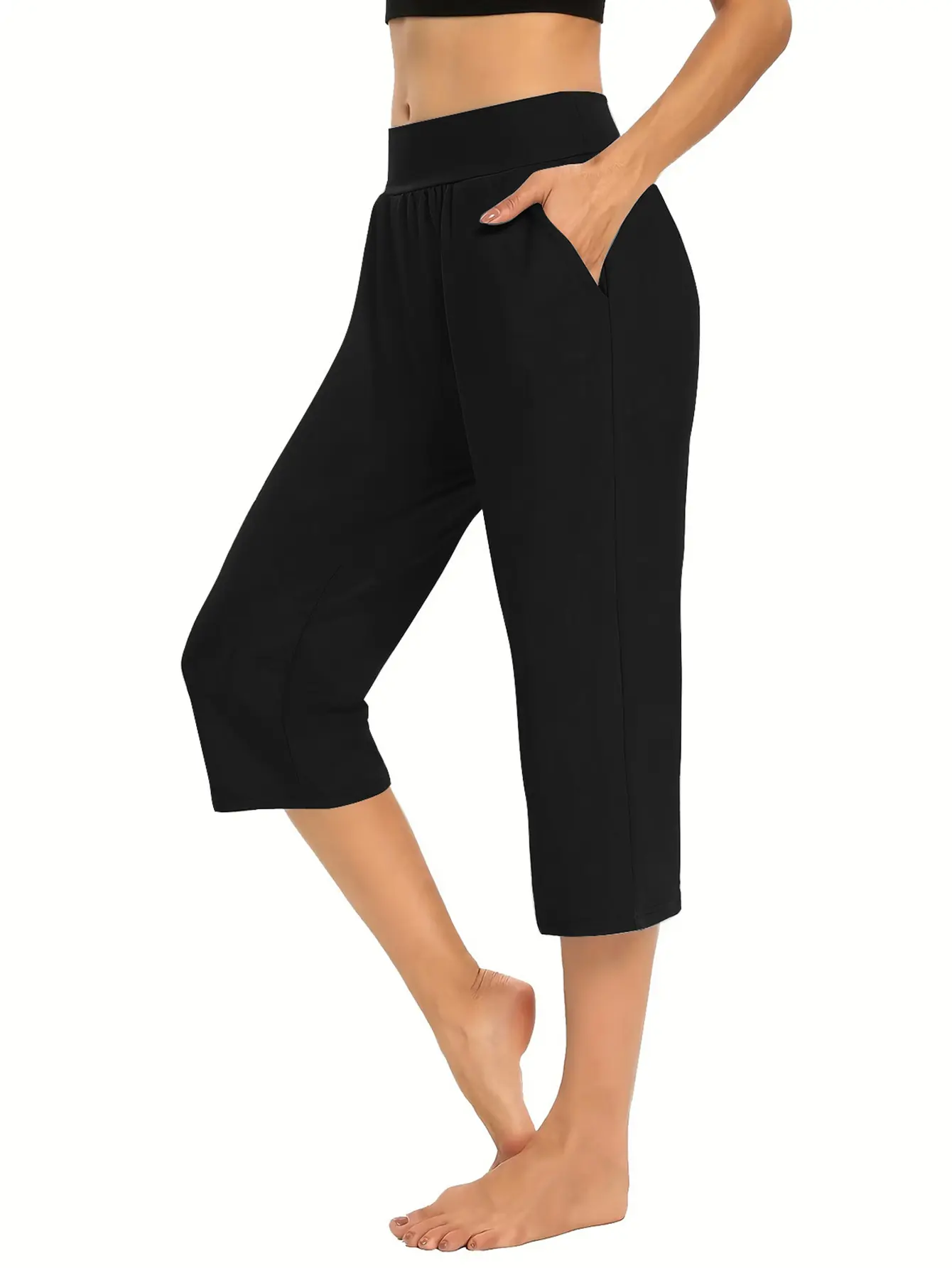 Summer Elegance Women's High Waist Wide Leg Capri Pants 4-Way  Spandex Comfy Casual Workwear with Side Pockets  Beach, Navy, Spandex, Womenswear, Black, Bottom, Casual, Light, Outdoor Highly breathable  Sports and leisure yoga pants