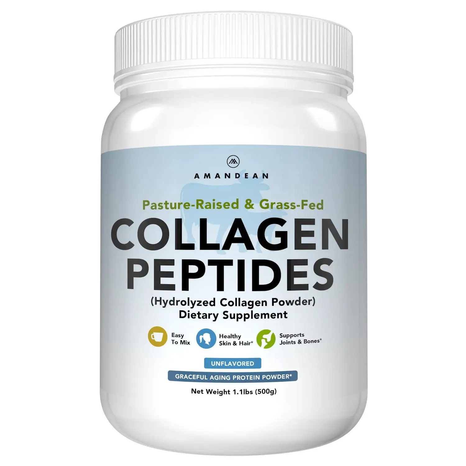 Amandean Premium Grass-Fed Collagen Peptides Powder - Hydrolyzed, Unflavored Supplement for Hair, Skin, Nails (500g)