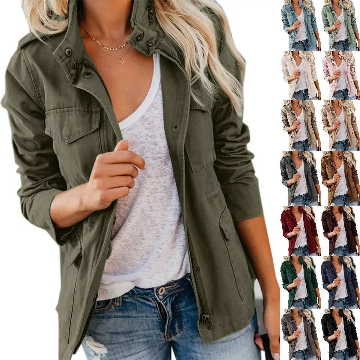 Imily Bela Womens Military Anorak Jacket Zip Up Snap Button Parka Safari Utility Coat Outwear with Pockets