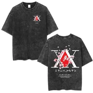 Anime Hunter X Hunter Logo Washed T Shirt Killua Gon Cherry Blossom Graphic T-shirt Men Fashion Casual Oversized Tshirt Menswear Top