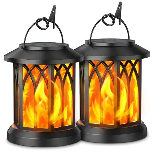 2-Pack Hanging Solar Flame Lanterns - Solar Outdoor Lights with Flickering Warm Light, Easy-Install Hanging Home Decor for Garden, Patio