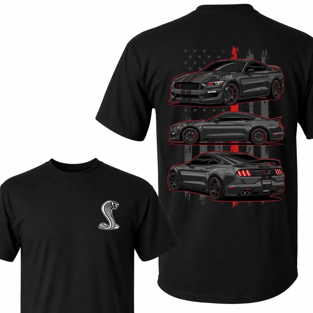 Mens Soft Vintage Washed Gray Mustang Cobra Graphic Cotton T-Shirt - Oversized Menswear, Round Neck, Breathable Casual Short-Sleeve Retro American Muscle Car Streetwear Fashion Sports Top by Sohochic