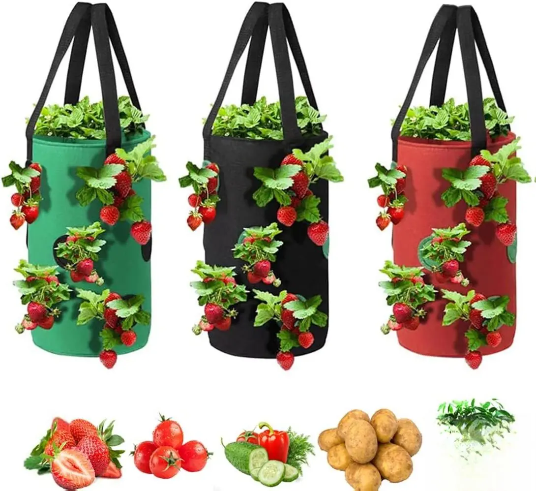 Upside Down Tomato Planter 3-Pack - 3 Gal Hanging Nonwoven Fabric Grow Bags, Reusable Nonwoven Planter Bags for Outdoor Plants, Vegetables & Strawberries, Planters For Outdoor Plants