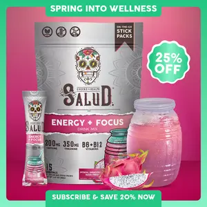 Salud 2-in-1 Energy & Focus Drink Mix with 200mg Organic Caffeine, Pitaya (Dragon Fruit) Flavor, 350mg L-Theanine & 500mg L-Tyrosine, Clean Energy Drink, Vegan, Non-GMO, Gluten Free - Beverage