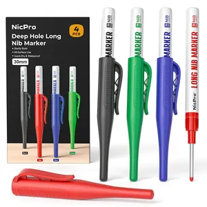 Nicpro 4 PCS Long Nib Marker Pens, 30mm Deep Hole Marker, Quick Dry & Waterproof Construction Markers, Long Head Markers for Metal, Steel, Tile, Glass, Carpenter Marking Pen for Woodworking