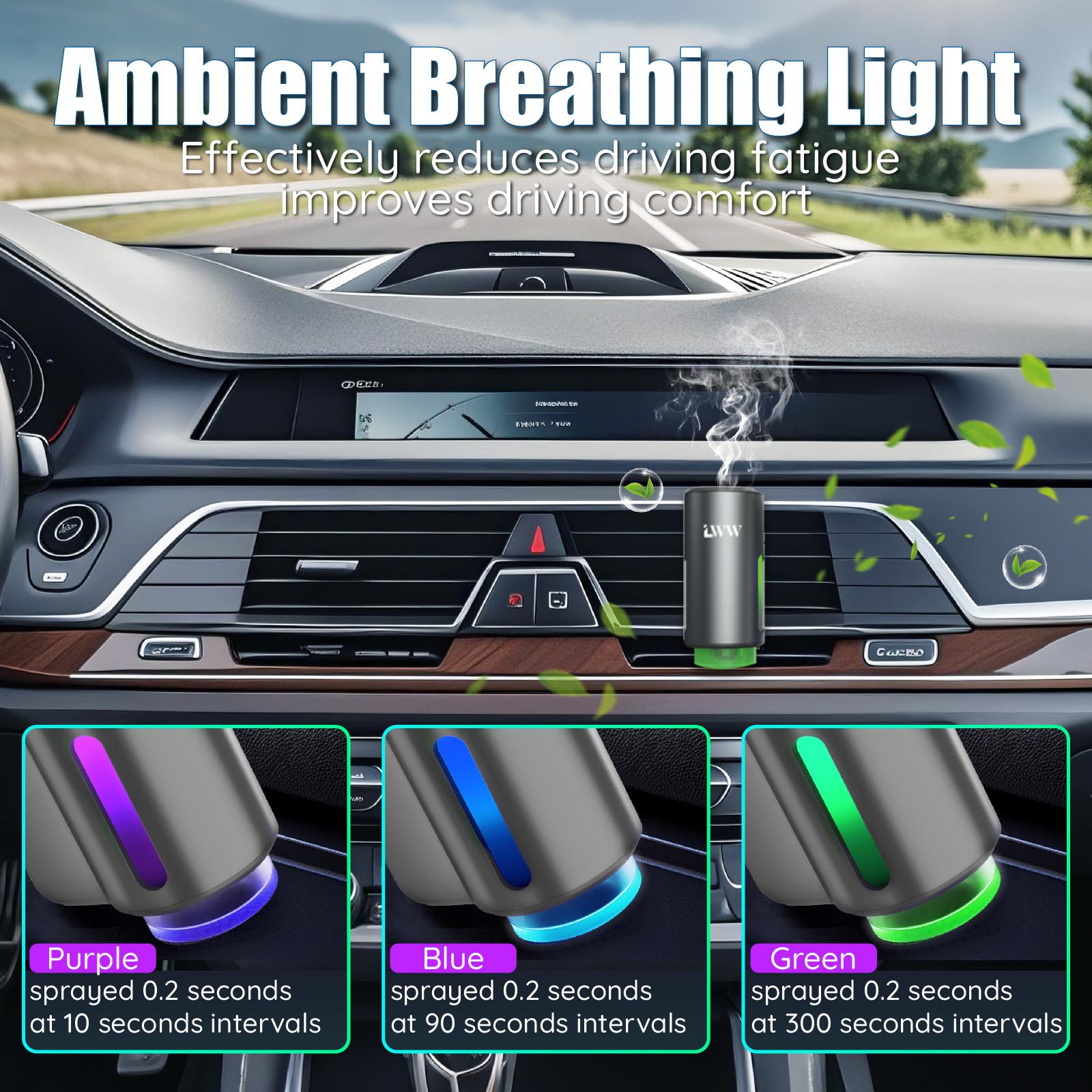 LWW Smart Car Air Freshener Diffuser 3-in-1 USB Powered Rechargeable with LED 3-Level Intensity Control & 10 x 10ml French Oils for Enhanced Woody Fruity Aromatic Scent