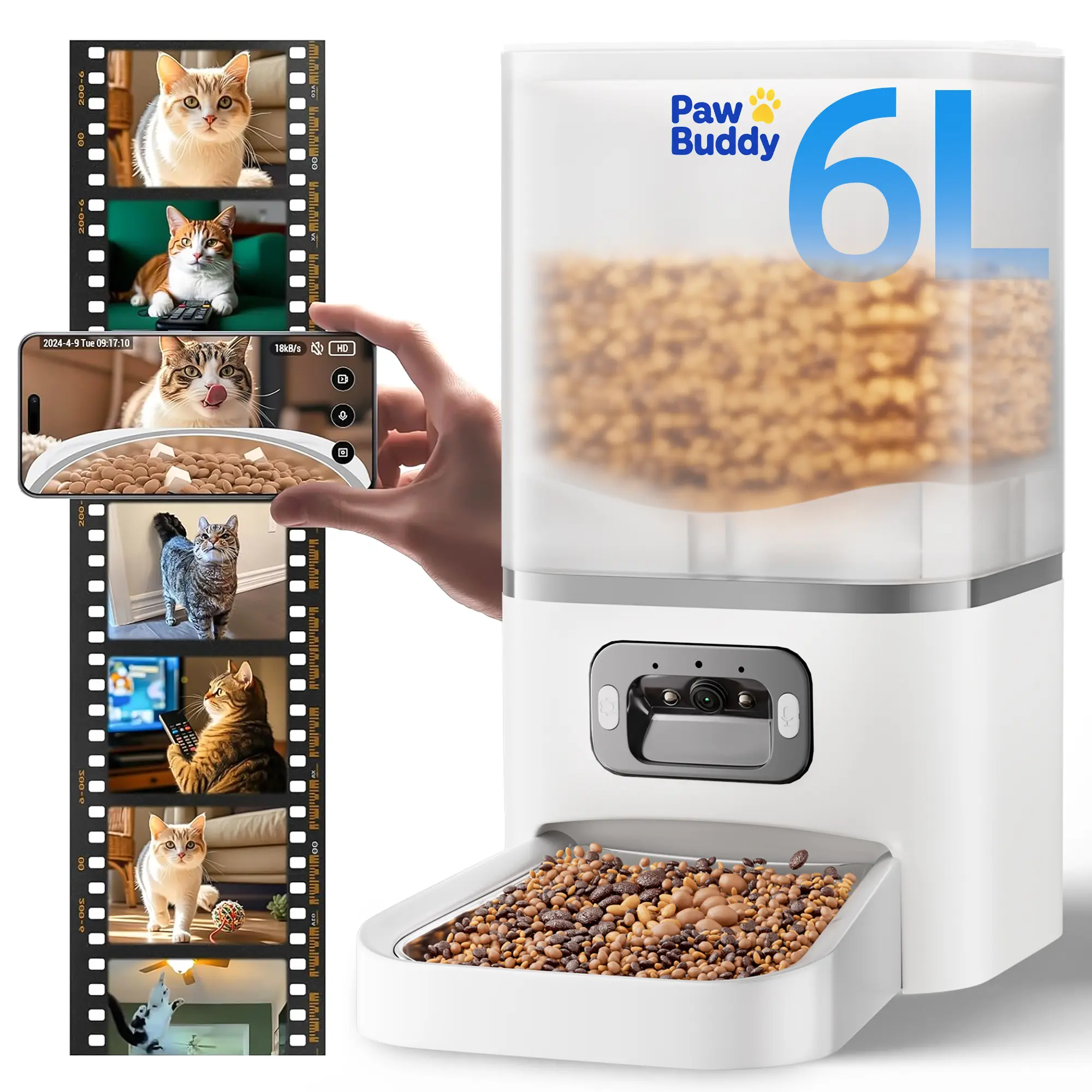 Automatic Pet Feeder with Full HD 2MP Camera 6L Food Dispenser - 5G WiFi Smart APP Control, SD Card Slot, 10s Voice Recorder, Anti-Clog & Dual Power Supply, Detachable Easy-Clean Tank/Bowl, Timed Portion Control for Cats, Dogs Stainless Steel Bowls tiktok