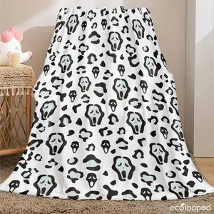 Ghost Face Flannel Blanket - Spooky Leopard Print, Ultra-Soft & Lightweight, Cozy for Couch, Living Room, Bedroom & Travel, Perfect Halloween Gift & Decoration
