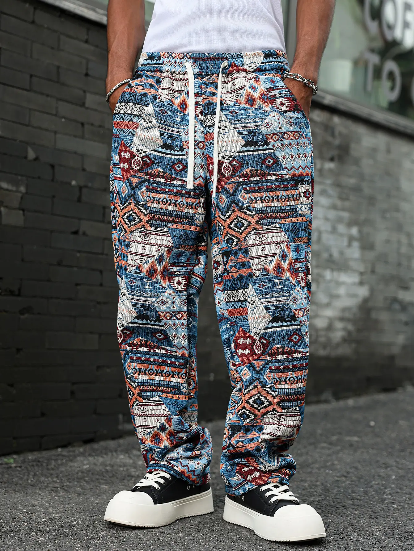 Men’s Vintage Floral Jacquard Straight-Leg Menswear Trousers - Athletic Retro Full Print, Loose-Fit Casual Drawstring Elastic-Waist Long Pants, Suitable for All Seasons