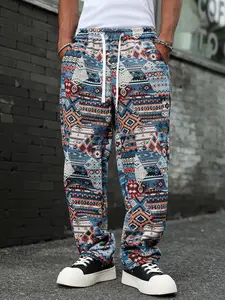 Men’s Vintage Floral Jacquard Straight-Leg Pants – Vibrant multicolored floral pattern, loose casual drawstring elastic-waist long pants, suitable for all seasons