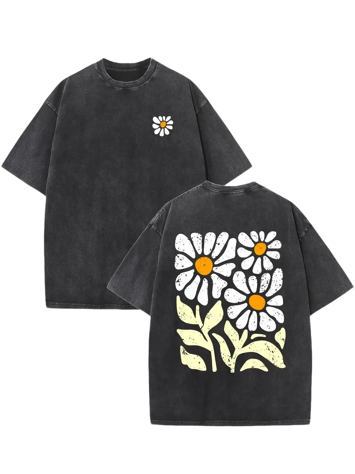 Men'S Vintage Wash Pattern Printed T-shirt - Floral Print Design, Vintage Wash Appearance, Round Neck Short Sleeve, 230g Washed Cotton, Summer Comfort Casual T-shirt, Regular Version, Machine Washable men  clothing Menswear Distressed fathersdaygift