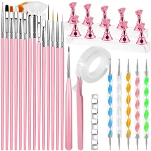 Nail Art Tools Set, 15 PCS Nail Art Brushes, Nail Stand for Press Ons, 5PCS Nail Dotting Tool and Brush Rack with Double Sided Tape Tweezers for Home Salon DIY Beginner Supplies