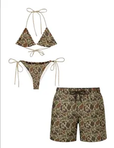 Couple Matching Camouflage Swimwear Set – Women's Tie Bikini & Men's Drawstring Beach Shorts