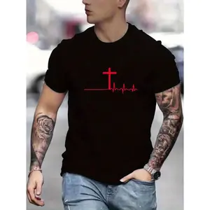 Men S T Shirt Featuring Cross Pulse Print Knit Polyester Blend Crew Neck Regular Fit with Slight Stretch Breathable Seasonal Top