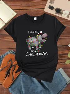 Women's Casual Round Neck T-Shirt - 100% Cotton Knitted Fabric, Short Sleeve with Geometric & Christmas Hippo Print, Suitable for All Seasons Machine Washable, Fun Pattern Knitted Structure