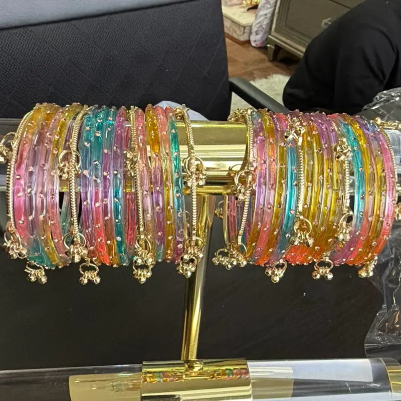 Raindrop Kashmiri Bangles - Colorful Glass Bangle with Gold Charm, Perfect for Festive Occasions