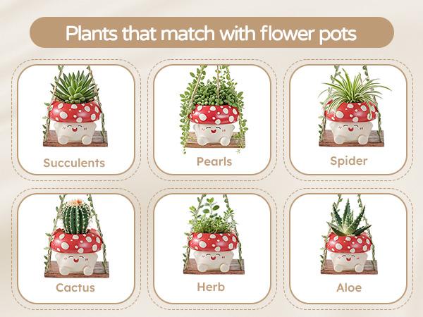 Mushroom Smiley Face Hanging Planter Pot with Drainage, Gardening Plant Gifts for Women Mother Plant Lovers - 3.9inch Opening