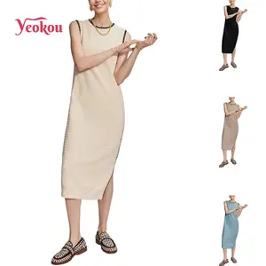 Yeokou Women's Tank Knit Dress Sleeveless Round Neck Long Dress Side Split Scalloped Edge Summer Body Con Maxi Dress