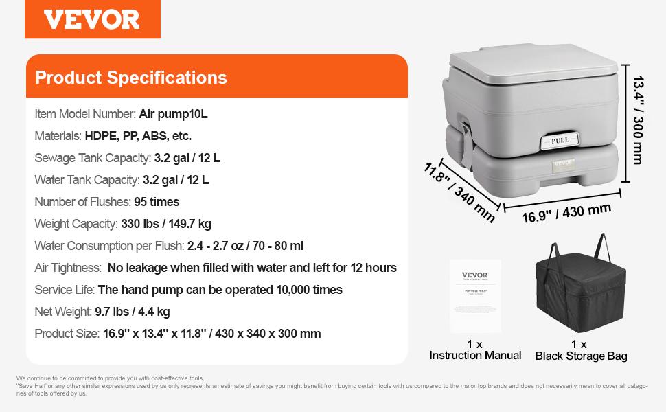 【Spotlight Day】VEVOR Portable Toilet for Camping, Porta Potty with 3.2 Gal Waste Tank & 3.2 Gal Flush Tank, Push-Button Pressurized Flush Commode, Leak-proof and Odourless Travel Toilet for Adults Kids Camping Car
