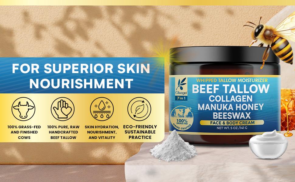 Okaga Beef Tallow (5 oz.) - Face & Body Moisturizer - Skincare Blend with Collagen, Manuka Honey, Beeswax & More - 100% Organic & Grass-Fed