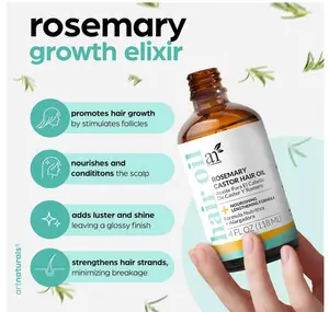 Artnaturals Organic Rosemary Castor Hair Oil + Massager Hair Growth Set Hair Growth Oil 4 ounces with Coconut & Olive Oil for Dry, Damaged & Split End